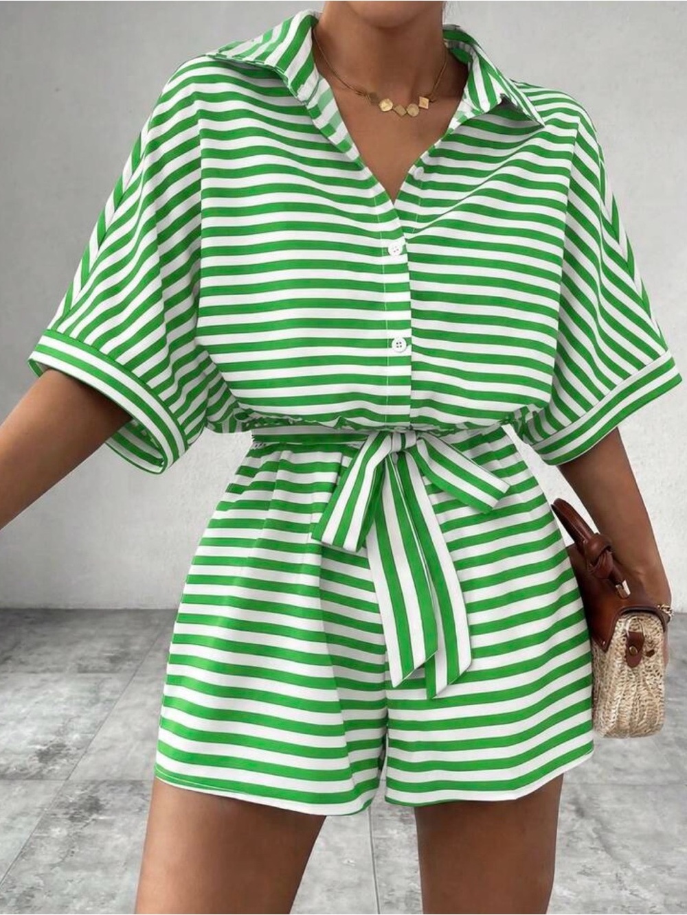 SHEIN Women’s Green Stripe Shorts Romper Dolman Sleeves Tie Belt NWOT Size L